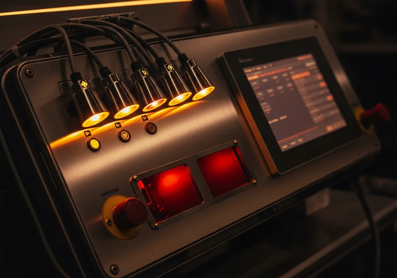Un panel de control de automatización de costura industrial con indicadores luminosos ámbar y rojos